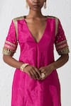 Rishi and Vibhuti_Pink Silk Embroidery Zardozi And Sequin V Neck Acrine Kurta & Pant Set _Online_at_Aza_Fashions