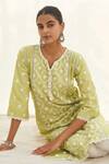 Shop_Mulmul_Green 100% Pure Mulmul Rivona Panelled Kurta Satari Pant Set _Online_at_Aza_Fashions