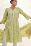 Mulmul_Green 100% Pure Mulmul Rivona Panelled Kurta Satari Pant Set _at_Aza_Fashions