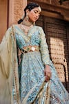 The Royaleum_Blue Anarkali- Upada Silk Printed Gota Embroidered With Dupatta  _Online_at_Aza_Fashions