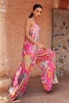 Ruhr India_Fuchsia Silk Velvet Printed Floral V Neck Flared Jumpsuit _Online_at_Aza_Fashions