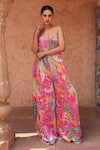 Buy_Ruhr India_Fuchsia Silk Velvet Printed Floral V Neck Flared Jumpsuit _Online_at_Aza_Fashions