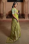 Ruhr India_Green Saree Silk Organza Printed Floral Gota Work With Blouse  _Online_at_Aza_Fashions