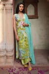 Shop Ruhr India Green Silk Velvet, Dupatta Organza Floral Print, Stone And Bead Work Kurta Set Online at Aza Fashions Shop_Ruhr India_Green Silk Velvet, Dupatta Organza Floral Print, Stone And Bead Work Kurta Set _Online_at_Aza_Fashions