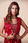 Saaj by Ankita_Red Silk Chinon Embroidered Aari Cape Open Sharara Set _at_Aza_Fashions