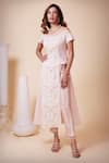 Shop_Saaj by Ankita_Pink Moss Crepe Applique Embroidered Leather Flowers Off Shoulder Top And Pant Set _Online_at_Aza_Fashions