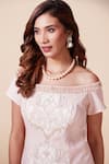 Saaj by Ankita_Pink Moss Crepe Applique Embroidered Leather Flowers Off Shoulder Top And Pant Set _at_Aza_Fashions
