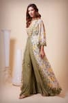 Saaj by Ankita_Green Silk Organza Embroidered Aari Cape Open Floral And Jumpsuit Set _Online_at_Aza_Fashions