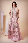 Saaj By Ankita_Pink Satin, Silk Organza Embroidery, Sequins V-neck Floral Cape Lehenga Set _Online_at_Aza_Fashions