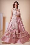 Buy_Saaj By Ankita_Pink Satin, Silk Organza Embroidery, Sequins V-neck Floral Cape Lehenga Set _Online_at_Aza_Fashions