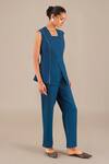 Buy_Ampm_Blue Linen Embroidery Round Neck Asymmetric Jacket And Pant Set_Online_at_Aza_Fashions