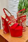 Shop_Tiesta_Red Cut Work, Embroidery Saeba Cutdana Embellished Block Heels _Online_at_Aza_Fashions