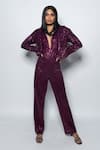 Buy_Nirmooha_Purple Embroidery Plunge V Jumpsuit 