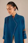 AMPM_Blue Linen Embroidered Leaf V Neck Jacket _Online_at_Aza_Fashions