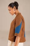 Buy_AMPM_Brown Linen Embroidery Leaf Inner Top Straigt Neck Motif Jacket And Skirt Set _Online_at_Aza_Fashions