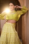 Dheeru Taneja_Green Chanderi Printed Geometric Spread Samsara Shirt And Lehenga Set  _Online_at_Aza_Fashions