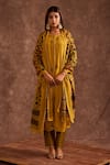 The Home Affair_Yellow Chiffon Gota Patti, Embroidery Round Neck Handblock Print Slit Kurta Set _at_Aza_Fashions