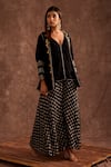 Shop_The Home Affair_Black Chinon Printed Geometrical Jacket Open Handblock Sharara Set _Online_at_Aza_Fashions