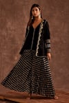 The Home Affair_Black Chinon Printed Geometrical Jacket Open Handblock Sharara Set _at_Aza_Fashions