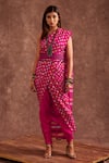 The Home Affair_Pink Chinon Block Print Geometrical Asymmetric Dhoti Saree Set _Online_at_Aza_Fashions