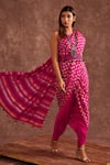 Buy_The Home Affair_Pink Chinon Block Print Geometrical Asymmetric Dhoti Saree Set _Online_at_Aza_Fashions