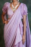 Archana Kochhar_Purple Blouse French Lace Embroidery Pre-draped Ruffle Saree With Puff Sleeve _Online_at_Aza_Fashions