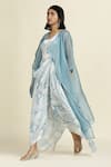 Oshi By Shikha_Blue Silk Organza Embroidery V-, Open Printed Draped Dress With Jacket _Online_at_Aza_Fashions