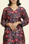 Buy_Oshi By Shikha_Blue Silk Chanderi Printed Floral V Neck Short Kurta And Pant Set _Online_at_Aza_Fashions