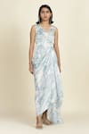 Shop_Oshi By Shikha_Blue Silk Organza Embroidery V-, Open Printed Draped Dress With Jacket _Online_at_Aza_Fashions