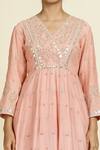 Oshi By Shikha_Pink Chanderi, , Organza Embroidery V-neck Anarkali Set _at_Aza_Fashions