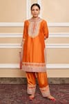 Sheetal Batra_Orange Kurta  Pure Silk Chanderi Embroidered Gota Applique Band Collar Set _Online_at_Aza_Fashions