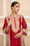 Shop_Sheetal Batra_Red Kurta  Pure Silk Chanderi Embroidered Gota Applique Band Collar A-line Set _Online_at_Aza_Fashions