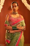 Buy_Siddhartha Bansal_Green Silk Organza Embroidered Floral Round Saree With Chevron Blouse  _Online_at_Aza_Fashions