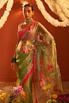Shop_Siddhartha Bansal_Green Silk Organza Embroidered Floral Round Saree With Chevron Blouse  _Online_at_Aza_Fashions