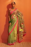 Siddhartha Bansal_Green Silk Organza Embroidered Floral Round Saree With Chevron Blouse  _at_Aza_Fashions