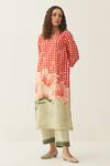 Buy_Shivani Bhargava_Red Gingham, Cotton V-neck Checks And Floral Print Kurta & Pant Set _Online_at_Aza_Fashions