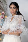 Shop_Sunita Bhandari_Ivory Viscose Organza Embroidered Thread Cape Open Lehenga Set_at_Aza_Fashions