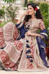 BAIRAAS_Maroon Cotton Print Floral Round Neck And Gota Patti Work Angrakha Set_at_Aza_Fashions