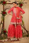 Shop_BAIRAAS_Red Muslin Embroidered Thread And Gota Work V Neck Peplum Kurta Sharara Set_Online_at_Aza_Fashions