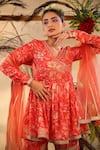 Shop_BAIRAAS_Red Muslin Printed And Embroidered Floral Surplice Neck Kurta Sharara Set_at_Aza_Fashions