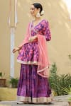 Bairaas_Purple Muslin Printed And Embroidered Floral V Neck Kurta Sharara Set For Women_Online_at_Aza_Fashions
