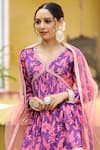 Bairaas_Purple Muslin Printed And Embroidered Floral V Neck Kurta Sharara Set For Women_at_Aza_Fashions