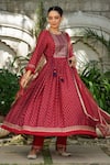 BAIRAAS_Maroon Muslin Printed Floral Patterns Round Flower And Embroidered Anarkali Set_at_Aza_Fashions
