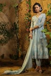 Bairaas_Blue Mul Cotton Hand Block Print Floral V Neck Angrakha Anarkali Set_Online_at_Aza_Fashions