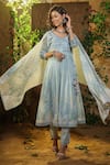 Buy_Bairaas_Blue Mul Cotton Hand Block Print Floral V Neck Angrakha Anarkali Set_Online_at_Aza_Fashions