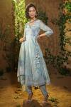 Shop_Bairaas_Blue Mul Cotton Hand Block Print Floral V Neck Angrakha Anarkali Set_Online_at_Aza_Fashions