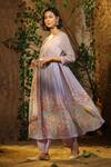 Bairaas_Purple Mul Cotton Hand Block Print Blossom V Neck Placement Anarkali Set_Online_at_Aza_Fashions