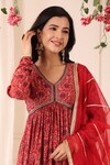 Shop_BAIRAAS_Red Muslin Printed Floral Patterns V Neck Long Anarkali With Organza Dupatta_at_Aza_Fashions