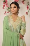 Bairaas_Green Chinon Embroidered Gota Work V Bandhej Pattern Short Anarkali Sharara Set_at_Aza_Fashions