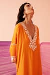 Sureena Chowdhri_Orange Muslin Embroidered Mirror And Resham Work Oblivion Yoke Kaftan  _Online_at_Aza_Fashions